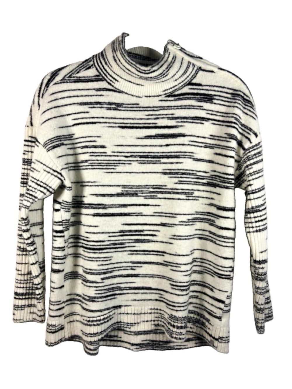 Talbots Petites PL Black/White Striped 1/4 Zip Mock Neck Pullover Sweater